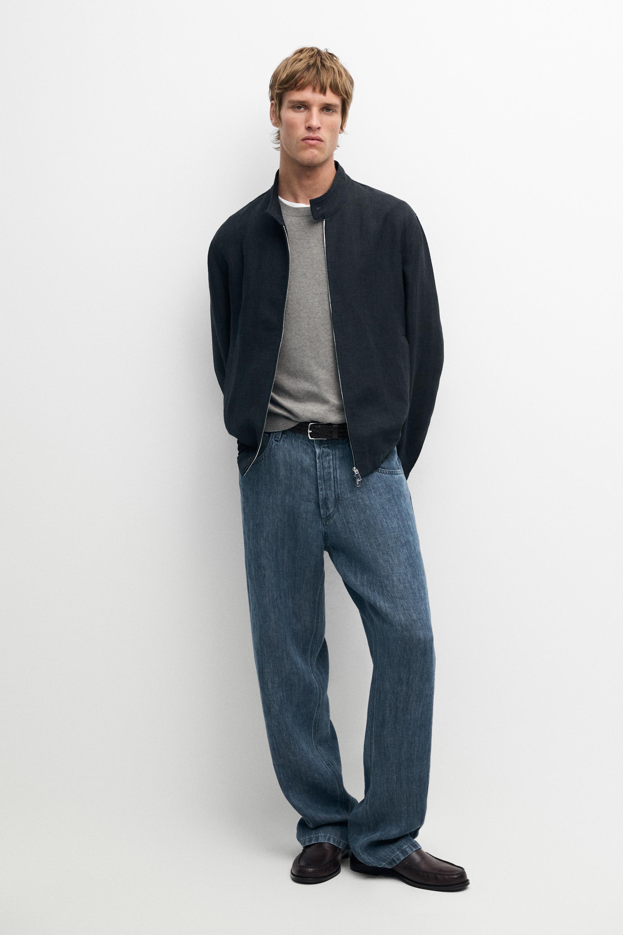 100% linen band collar jacket - Navy blue | ZARA United States