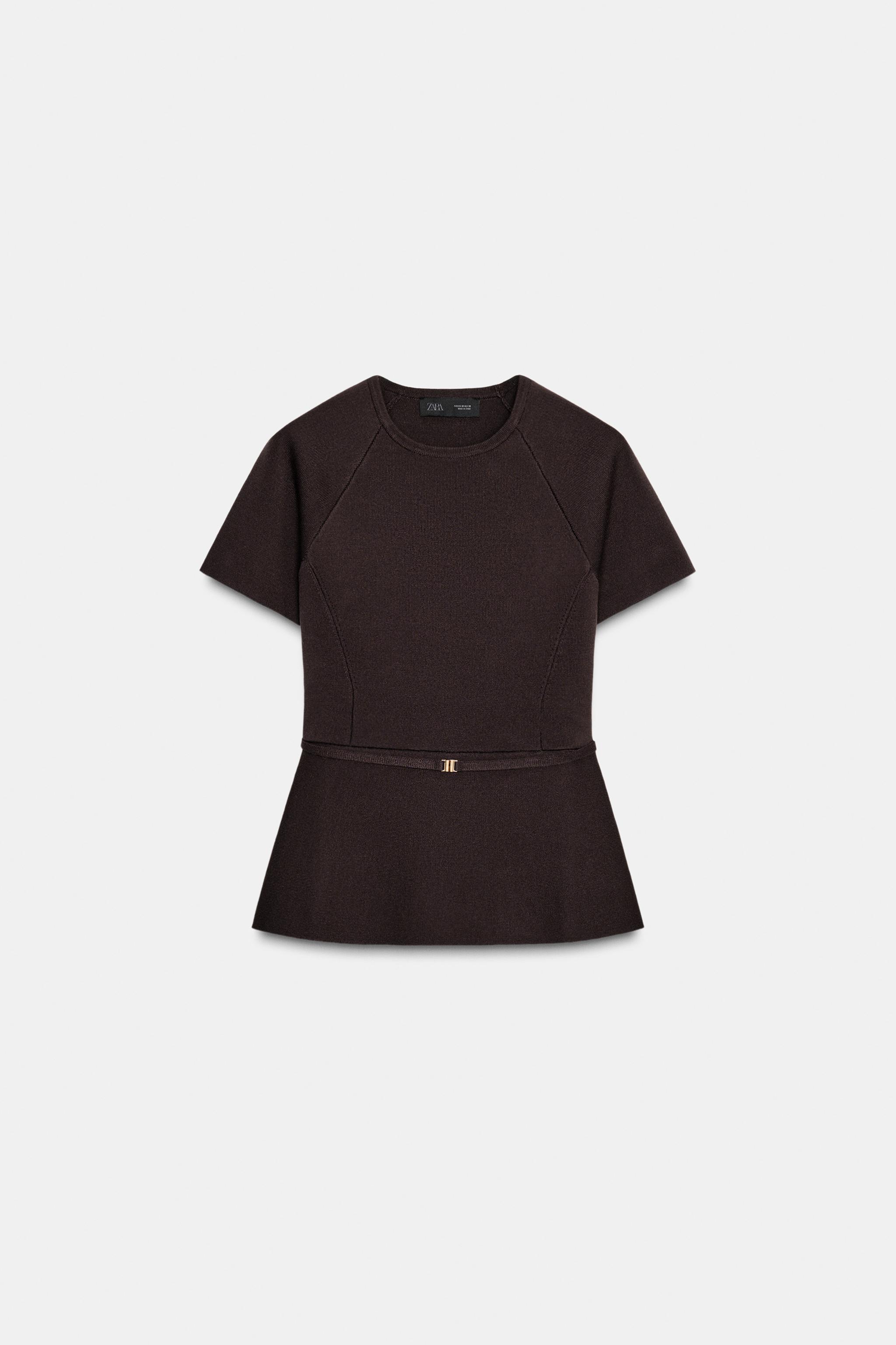 ベルト付きニットペプラムトップス - チョコレート | ZARA Japan / 日本