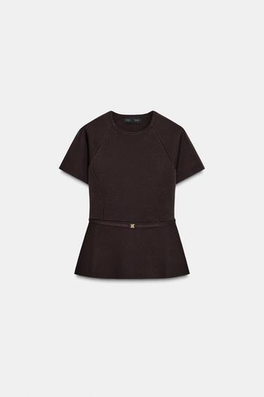 Zara KNIT BELT PEPLUM TOP - Chocolate