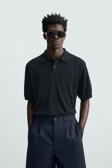 POLO DE MALHA DE SEDA - LINHO - Azul-marinho-escuro da Zara