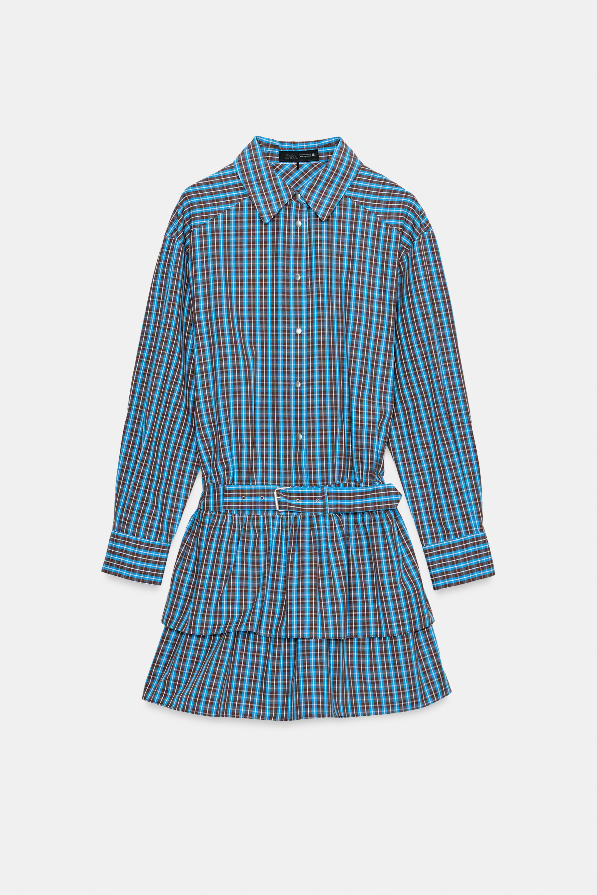 ROBE COURTE À CARREAUX AVEC VOLANTS ET CEINTURE