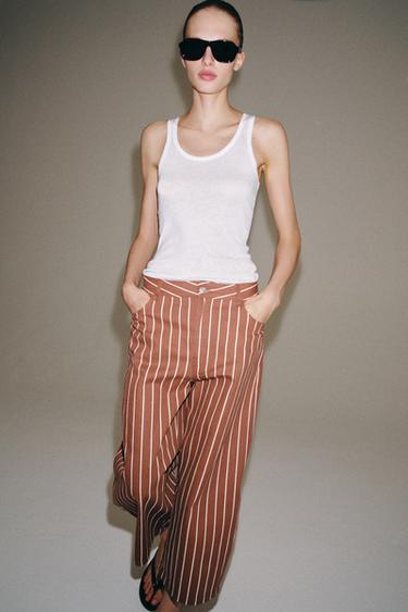Zara ZW COLLECTION HIGH-RISE TAPERED STRIPED JEANS - Maroon