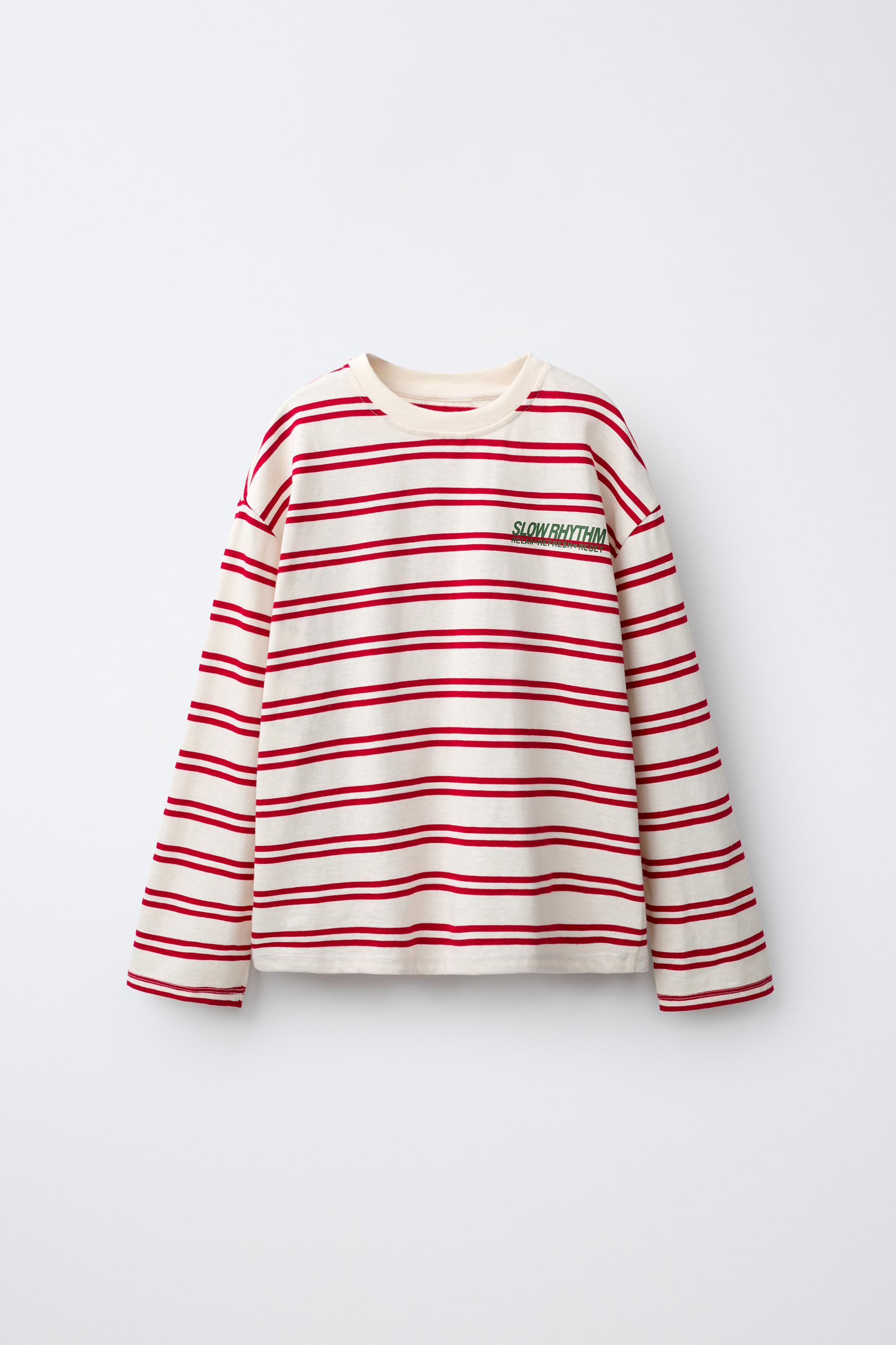 STRIPED T-SHIRT AND WIDE-LEG TROUSERS SET — Ecru