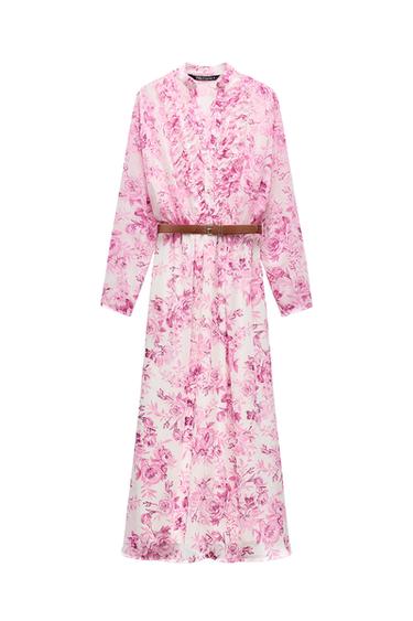 BELTED RUFFLED PRINTED DRESS