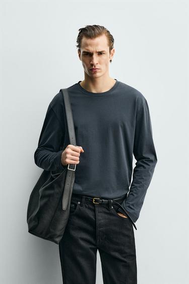 טי שירט מרסרייז שרוול ארוך - אפור כהה של Zara