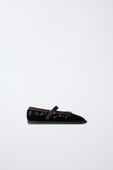 VELVET EMBROIDERED BALLET FLATS — Black 1