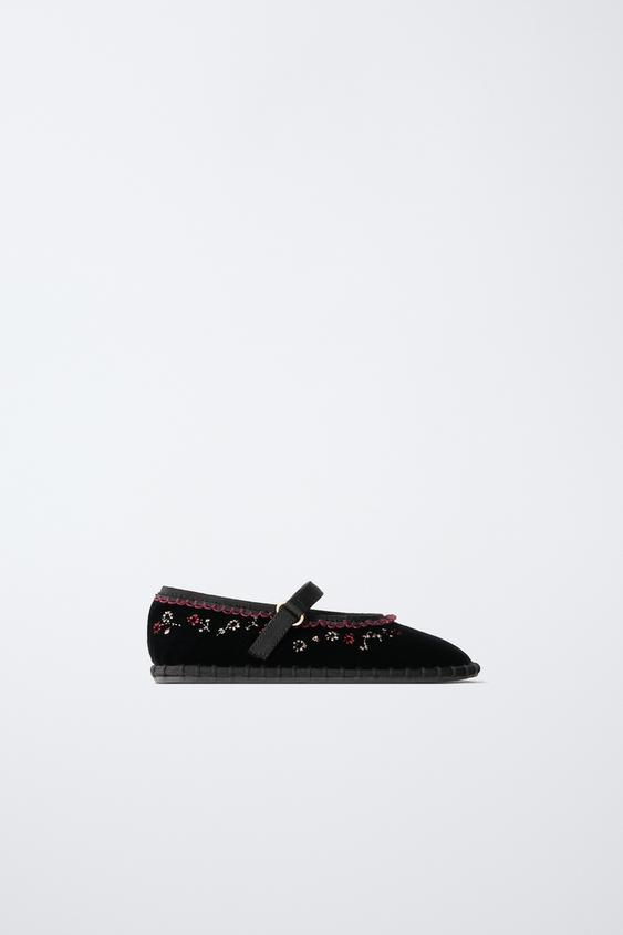 Zara VELVET EMBROIDERED BALLET FLATS - Black - Image 0