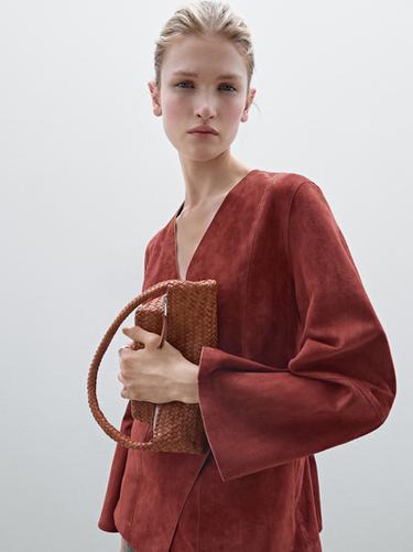 Kimono cruzado piel ante - Rojo de Zara