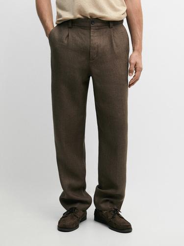Zara Total look linen trousers with herringbone detail - taupe brown