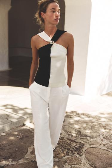Zara HALTER TOP WITH HARDWARE DETAIL - Black / White