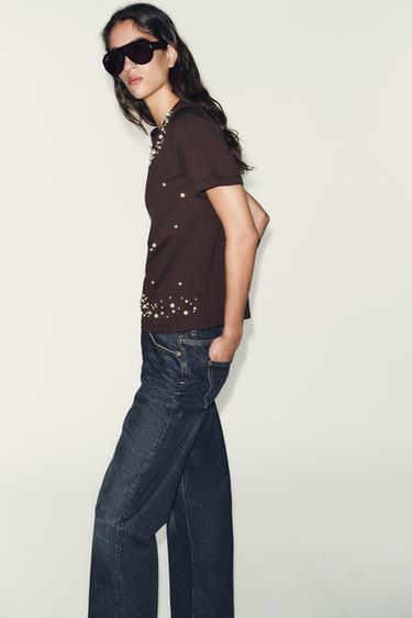 SHORT SLEEVE FAUX PEARL T-SHIRT - Brown by Zara - Image 2
