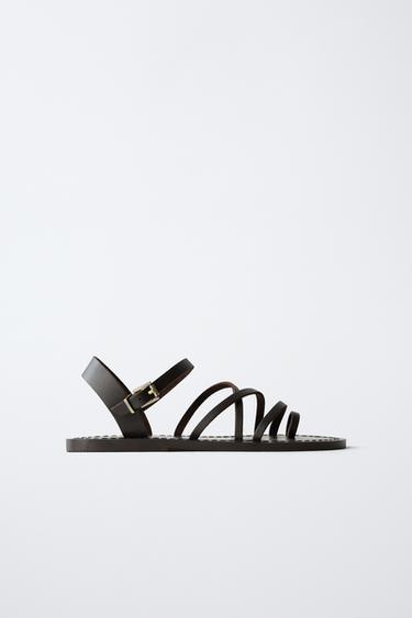 LEATHER STRAPPY SANDALS - Brown by Zara
