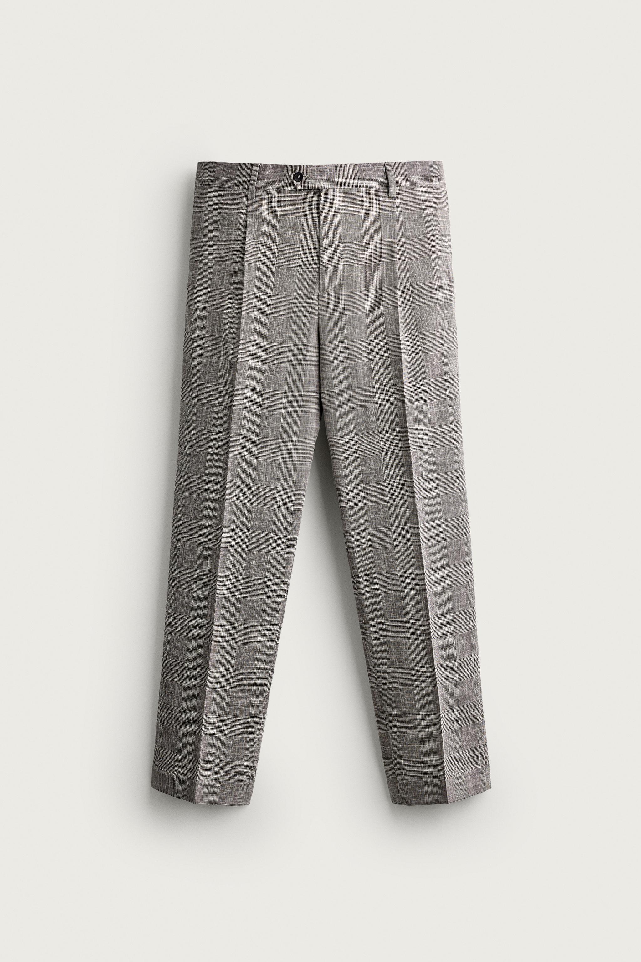 CHECKED WOOL BLEND PLEATED SUIT PANTS — Light gray
