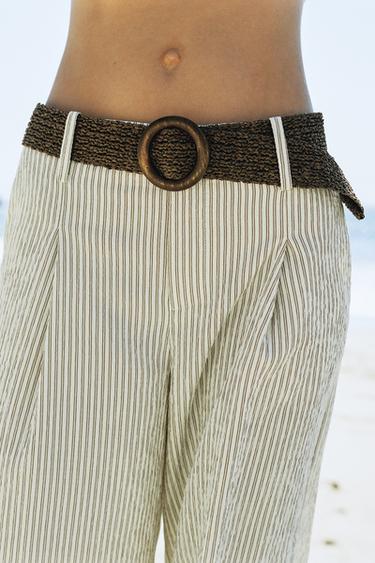 PANTALON LARGE À RAYURES ET CEINTURE - Écru de Zara - Image 2