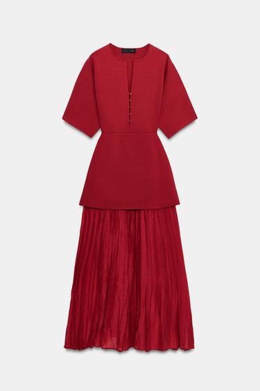 LONG KNIT DRESS WITH CONTRASTING FABRIC - Mid-red by Zara