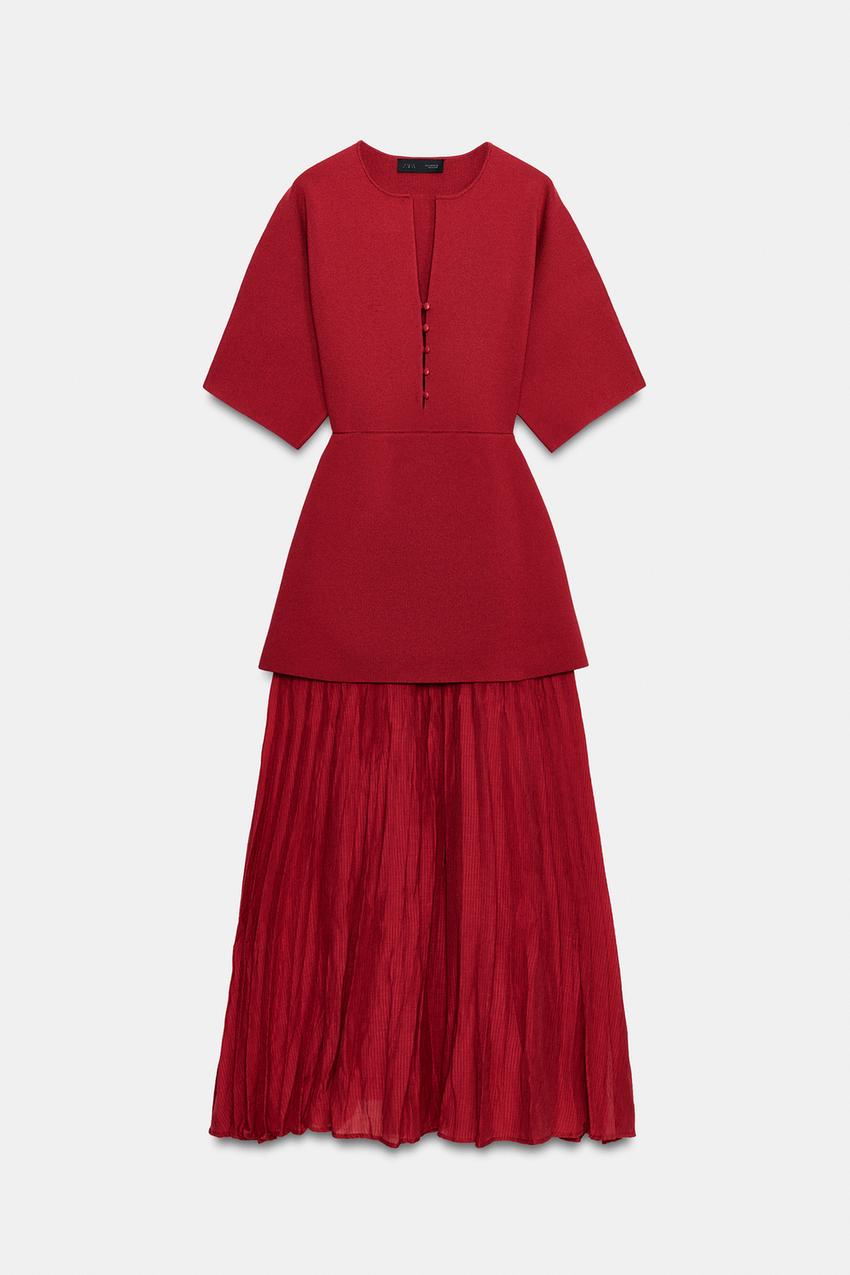 LONG KNIT DRESS WITH CONTRASTING FABRIC - Mid-red | ZARA India LONG KNIT DRESS WITH CONTRASTING FABRIC - Mid-red | ZARA India
