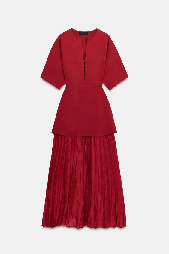 VESTIDO LARGO PUNTO COMBINADO - Rojo medio de Zara - Imagen 0