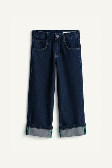 LIMITED EDITION WIDE-LEG JEANS WITH CUFFED HEM AND STITCHING - Dark navy by Zara
