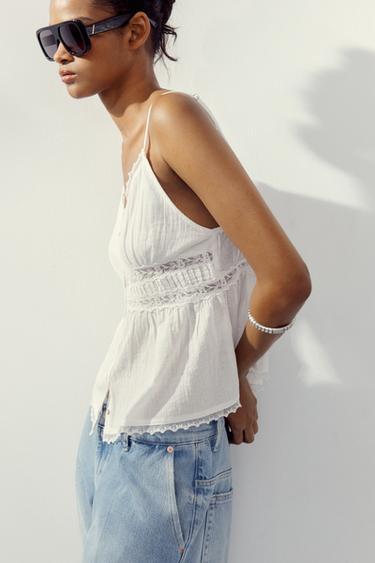 LACE-TRIMMED CHIFFON TOP - White by Zara