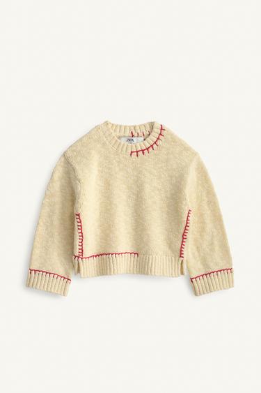 ПЛЕТЕН ЏЕМПЕР СО ШЕВОВИ LIMITED EDITION - Екру / Црвена од Zara