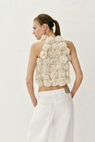 FLORAL TEXTURED KNIT HALTER TOP - Beige by Zara