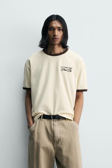 T-SHIRT CÔTELÉ INSCRIPTIONS CONTRASTÉES - Jaune clair de Zara - Image 1