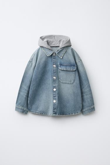 Zara DENIM OVERSHIRT WITH REMOVABLE HOODIE - Mid-blue