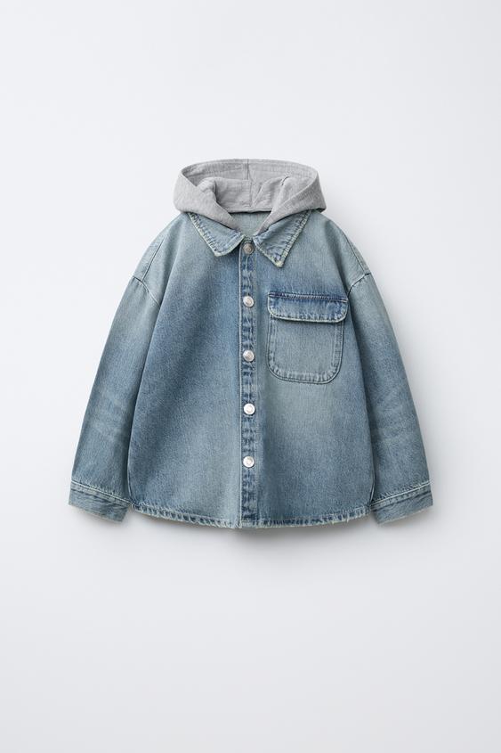 SOBRECAMISA DENIM CAPUCHA DESMONTABLE FELPA - Azul medio de Zara - Imagen 0