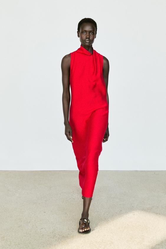 Robe midi fluide à col drapé - Rouge de Zara - Image 0