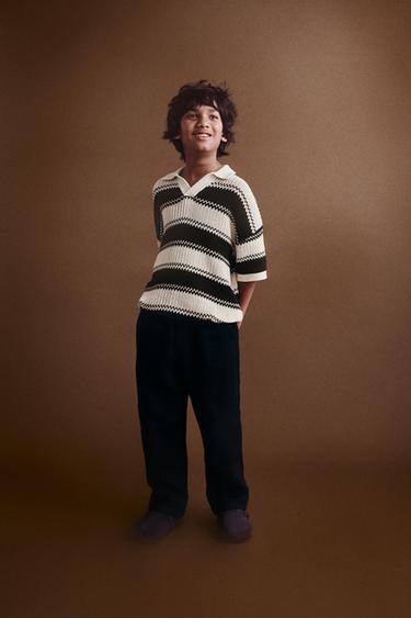 STRIPED CROCHET KNIT POLO SHIRT - Ecru by Zara