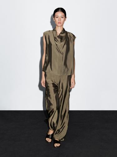 Zara Flowing blouse with striped details - Khaki - Image 0