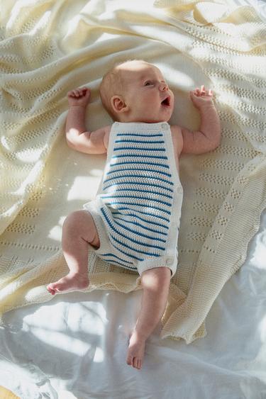 STRIPED KNIT SHORT DUNGAREES - Ecru by Zara