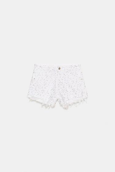 Zara TRF CURVED STRASS HIGH-WAIST DENIM SHORTS - White