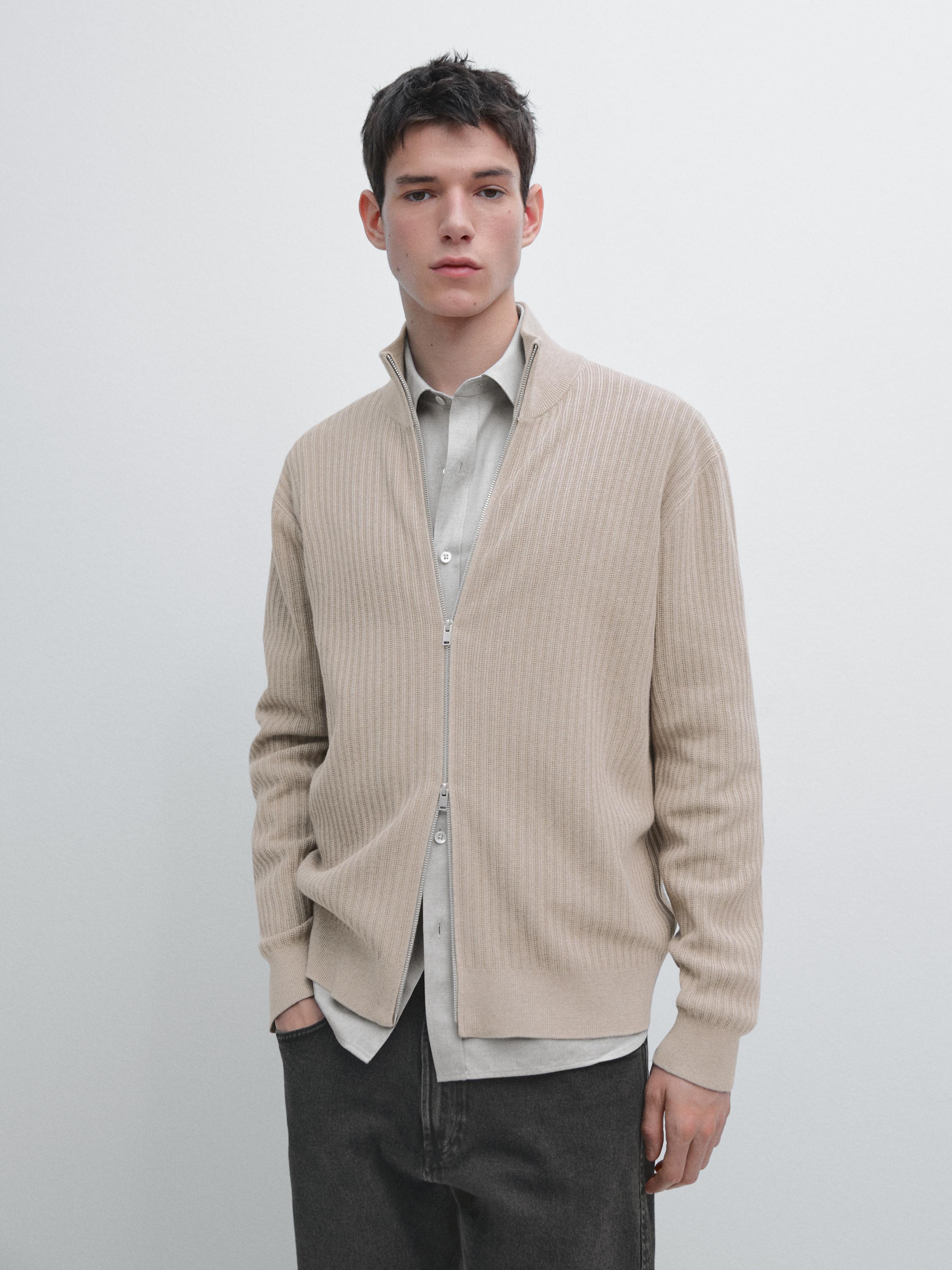 Cotton zip-up knit cardigan