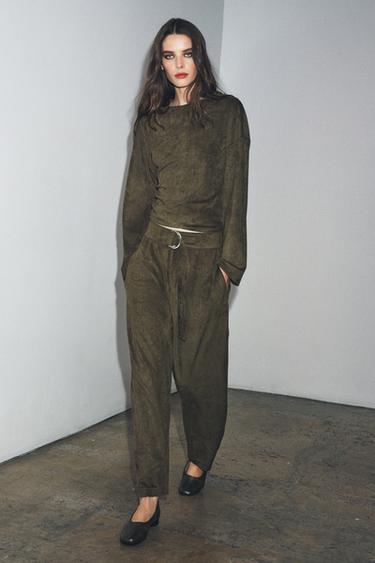 FAUX SUEDE BALLOON TROUSERS - Khaki by Zara - Image 0