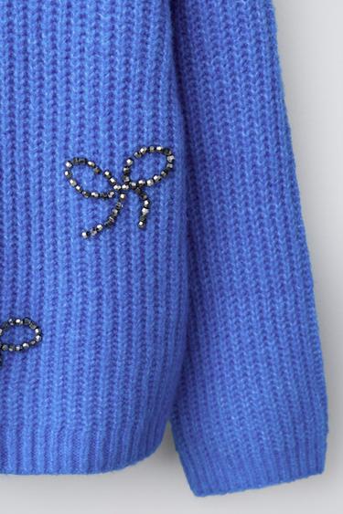 BEADED AND SPARKLY BOW KNIT SWEATER - Blue by Zara - Image 3