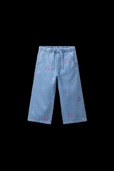 WIDE-LEG JEANS WITH EMBROIDERED FLOWERS - Blue by Zara - Image 0
