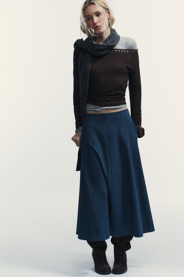 JUPE MI-LONGUE À CARREAUX PLISSÉE - Bleus de Zara