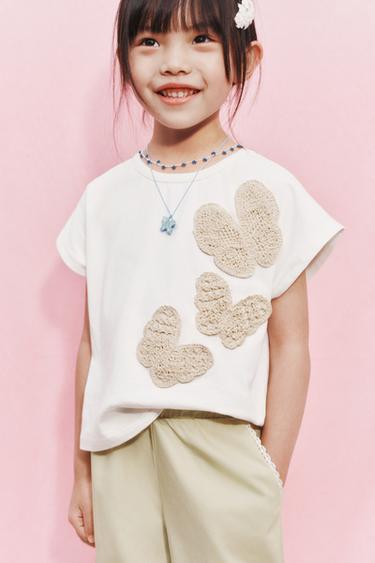 Zara CROCHET BUTTERFLY T-SHIRT - Ecru
