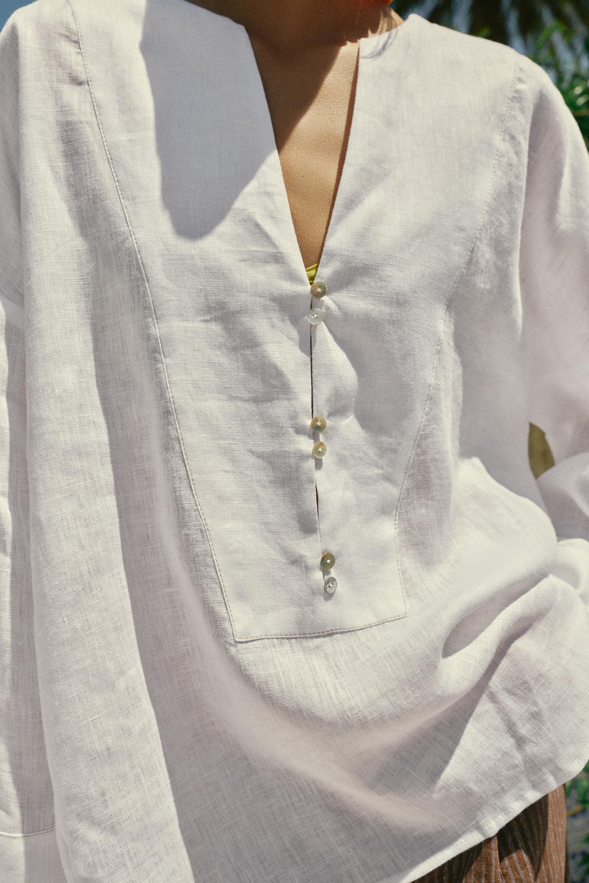 100% LINEN V-NECK SHIRT - White | ZARA United States