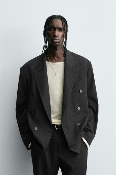 Zara STRIPED DOUBLE BREASTED SUIT BLAZER - striped