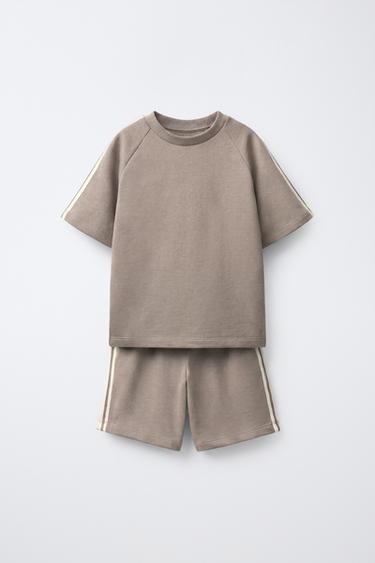 STRIPED PLUSH T-SHIRT AND BERMUDA SHORTS JOGGING SET - Beige by Zara - Image 0