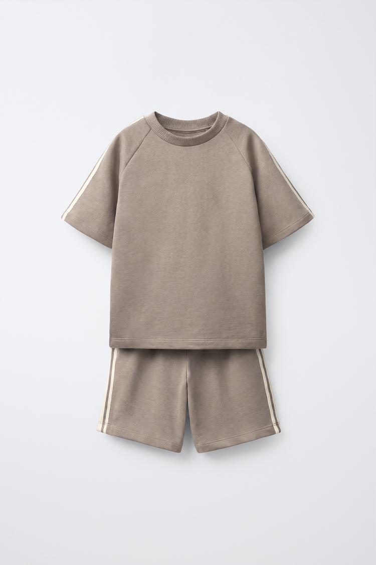 SWEATSHIRT T-SHIRT AND SHORTS SET — Beige