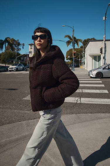 CABLE KNIT HOODED ANORAK - Burgundy by Zara