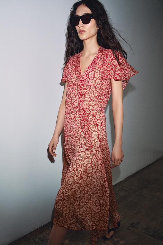 zara floral midi shirt dress Zara Collared Floral Midi Dress Blue & White XS