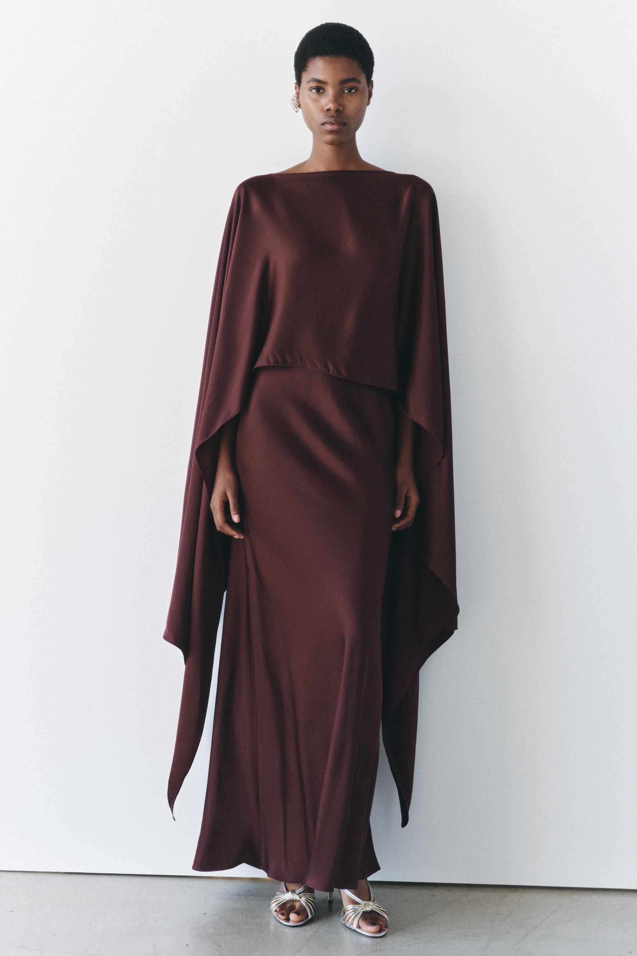 ZW COLLECTION FLOWING SATIN CAPE Burgundy ZARA United Kingdom