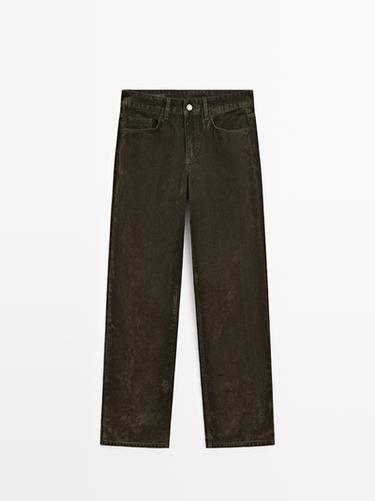 Zara Low-rise straight-leg flocked jeans - Khaki