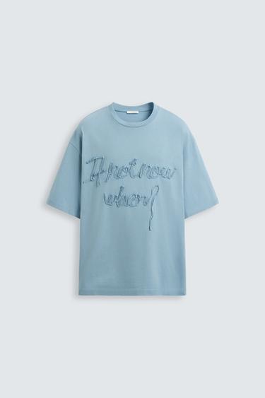 T-SHIRT WITH RAISED SLOGAN - Blue by Zara