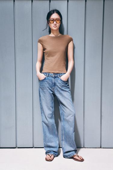 Zara Z1975 高腰直筒加長版牛仔褲 - 中藍色