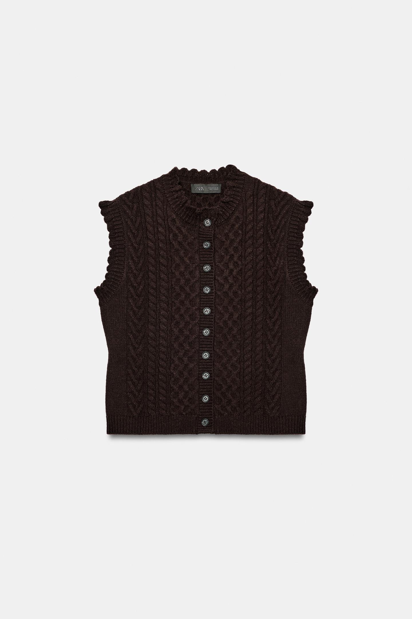 Женский жилет Zara Braided Knit Ruffle Vest, цвет: Коричневый — фото 4